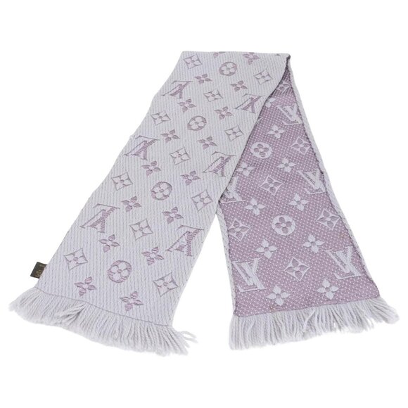Louis Vuitton Logomania Scarf Silk Wool Monogram Grey Light Purple Pink - Picture 1 of 9